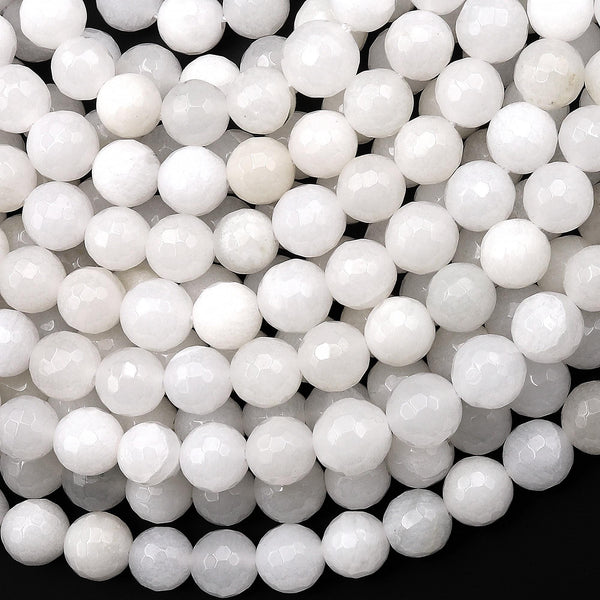 Faceted Natural White Jade Beads 7mm faceted Round Gemstone Beads 15" Strand