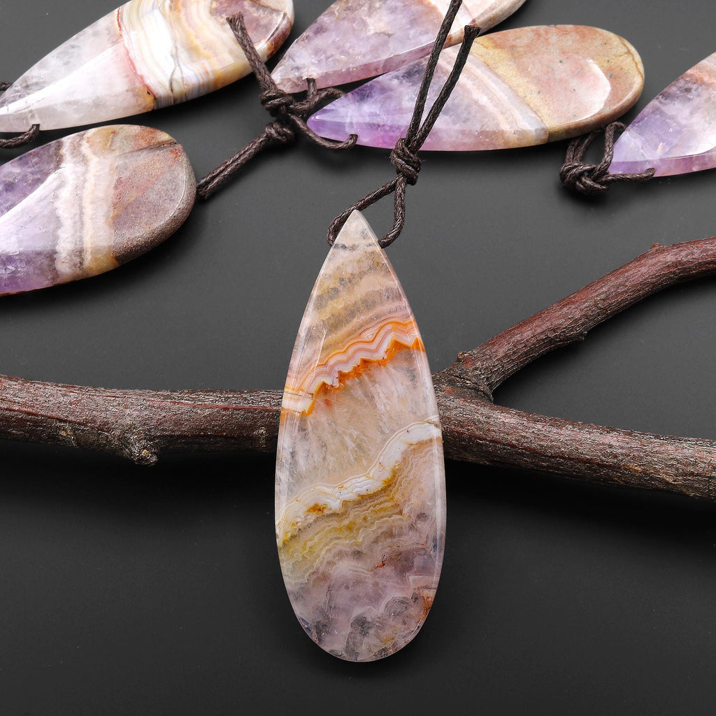 Hand Cut Natural Rainbow Amethyst Long Teardrop Side Drilled Gemstone Pendant A2