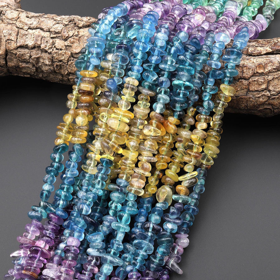 Natural Rainbow Fluorite Purple Green Yellow Ombre Freeform Chip Pebble Nugget Beads 15.5" Strand