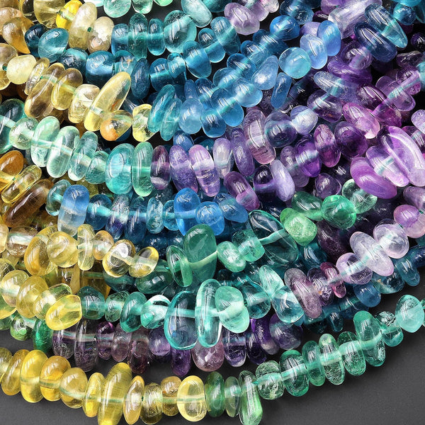 Natural Rainbow Fluorite Purple Green Yellow Ombre Freeform Chip Pebble Nugget Beads 15.5" Strand