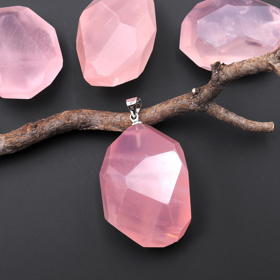 AAA Translucent Faceted Natural Madagascar Pink Rose Quartz Nugget Crystal Pendant A2