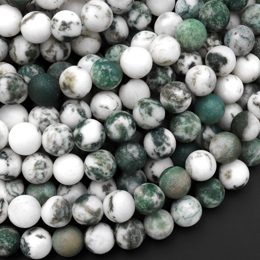 Matte Natural Green Tree Agate 4mm 6mm 8mm 10mm Round Beads 15.5" Strand