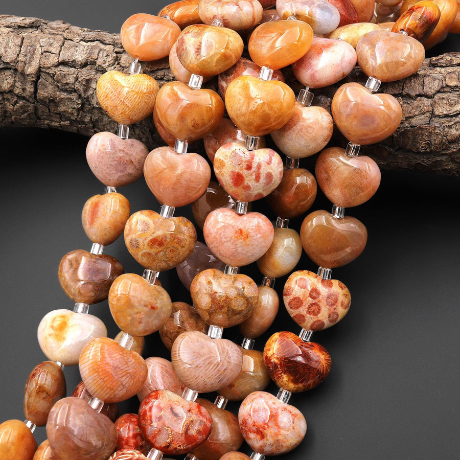 Rare Natural Salmon Pink Peach Fossil Coral Beads Smooth Puffy Heart Gemstone 15.5" Strand