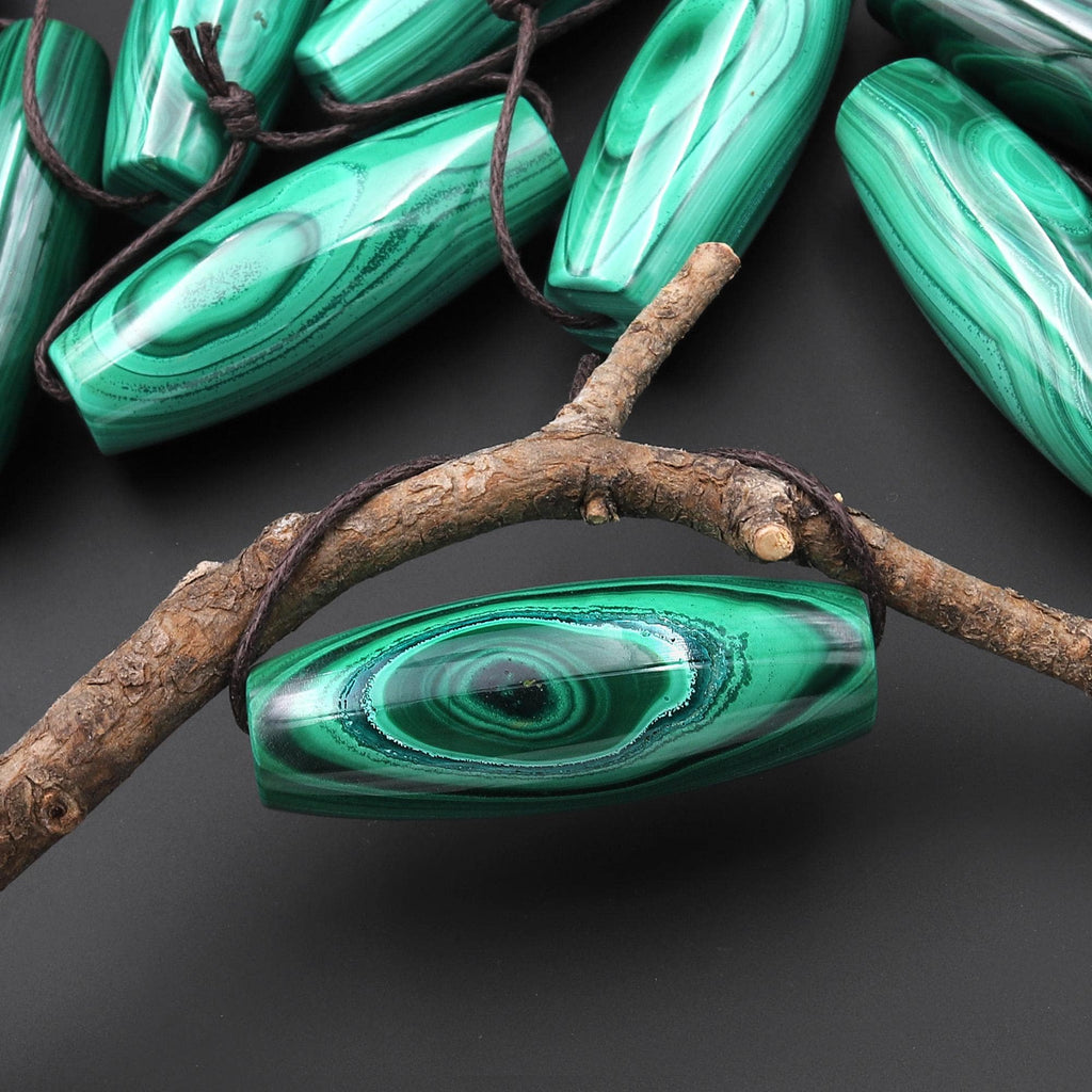 AAA Hand Cut Natural Malachite Long Drum Barrel Focal Bead Pendant A3