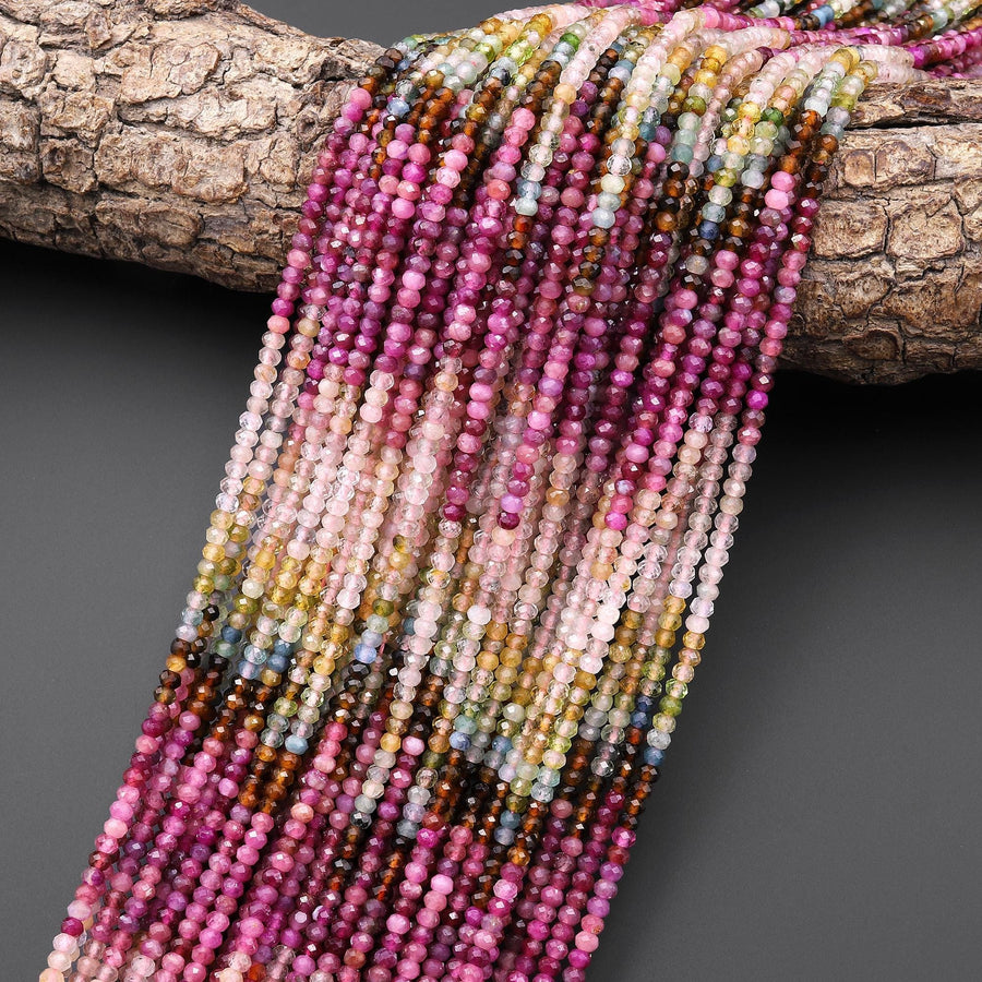 AAA Natural Fuchsia Pink Blue Yellow Tourmaline Faceted 3mm Rondelle Beads Ombre Gemstone 15.5" Strand