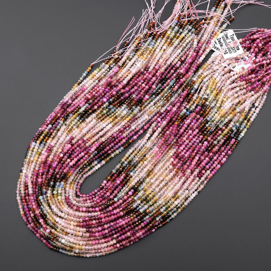 AAA Natural Fuchsia Pink Blue Yellow Tourmaline Faceted 3mm Rondelle Beads Ombre Gemstone 15.5" Strand