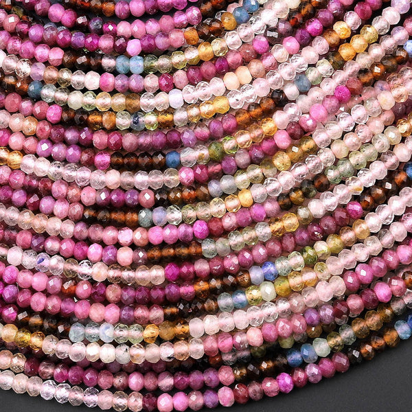 AAA Natural Fuchsia Pink Blue Yellow Tourmaline Faceted 3mm Rondelle Beads Ombre Gemstone 15.5" Strand