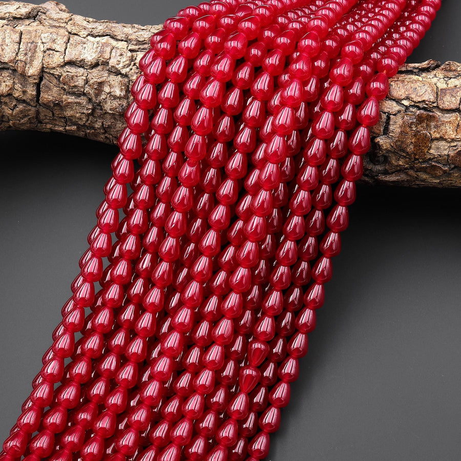 Lab-grown Red Ruby Smooth Teardrop Vertically Drilled Gemstone Beads 15.5" Strand