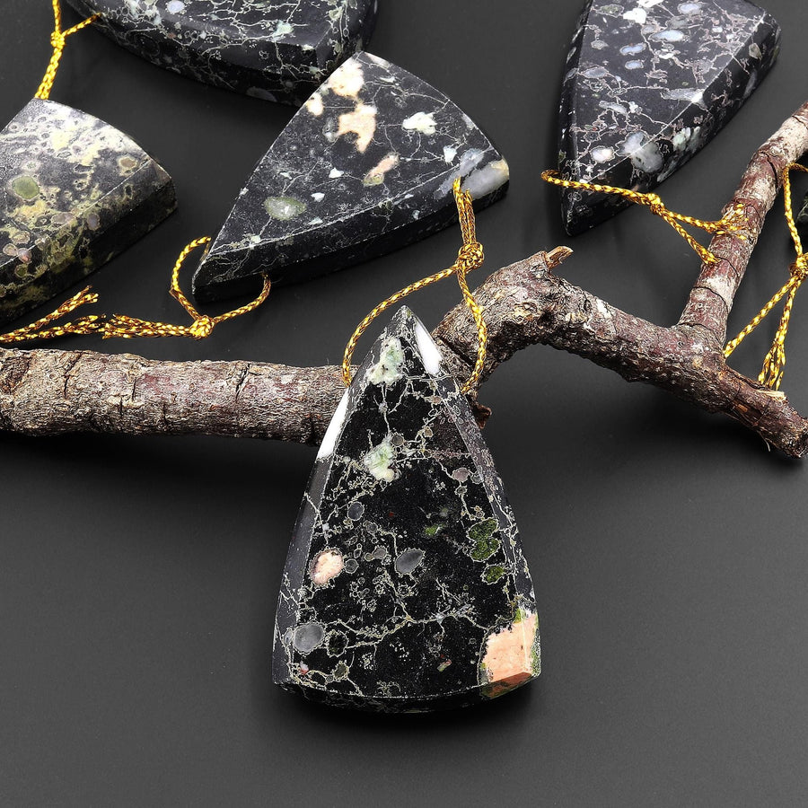 Natural Cherry Blossom Jasper Aka Flower Jasper Side Drilled Faceted Long Triangle Gemstone