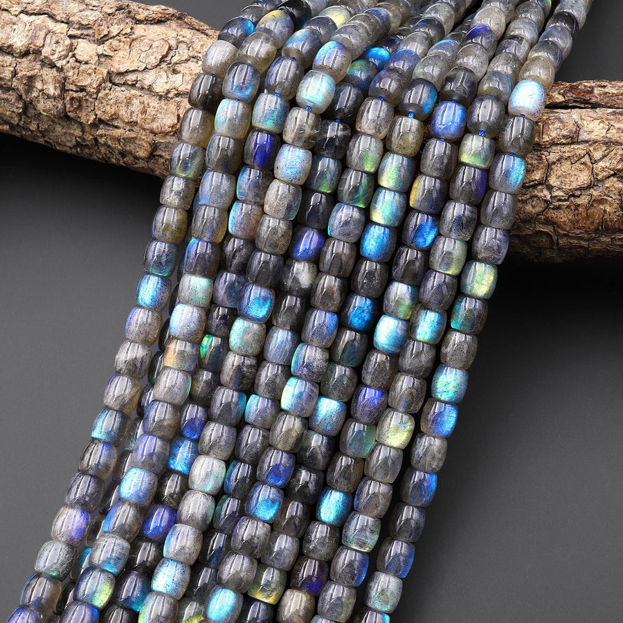 AAA Natural Labradorite Smooth Barrel Drum Beads 6mm 7mm Brilliant Rainbow Golden Green Blue Fire Flashes 15.5" Strand