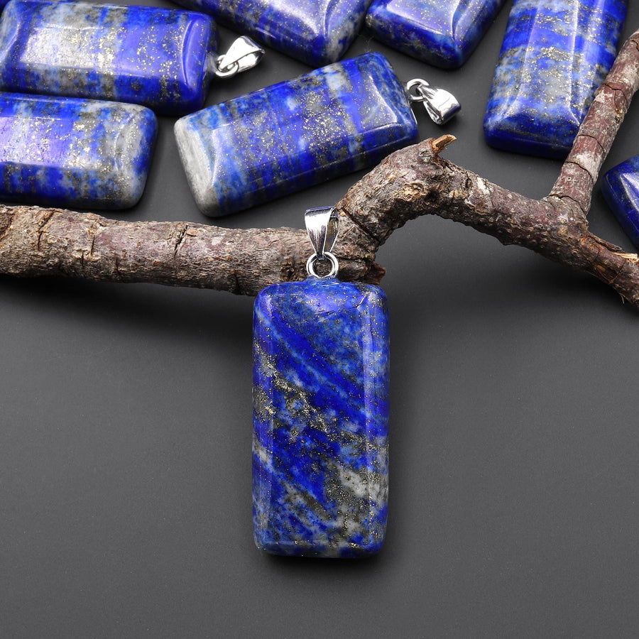 Natural Lapis Beveled Rectangle Pendant Blue Wave w/ Calcite Pyrite Veins