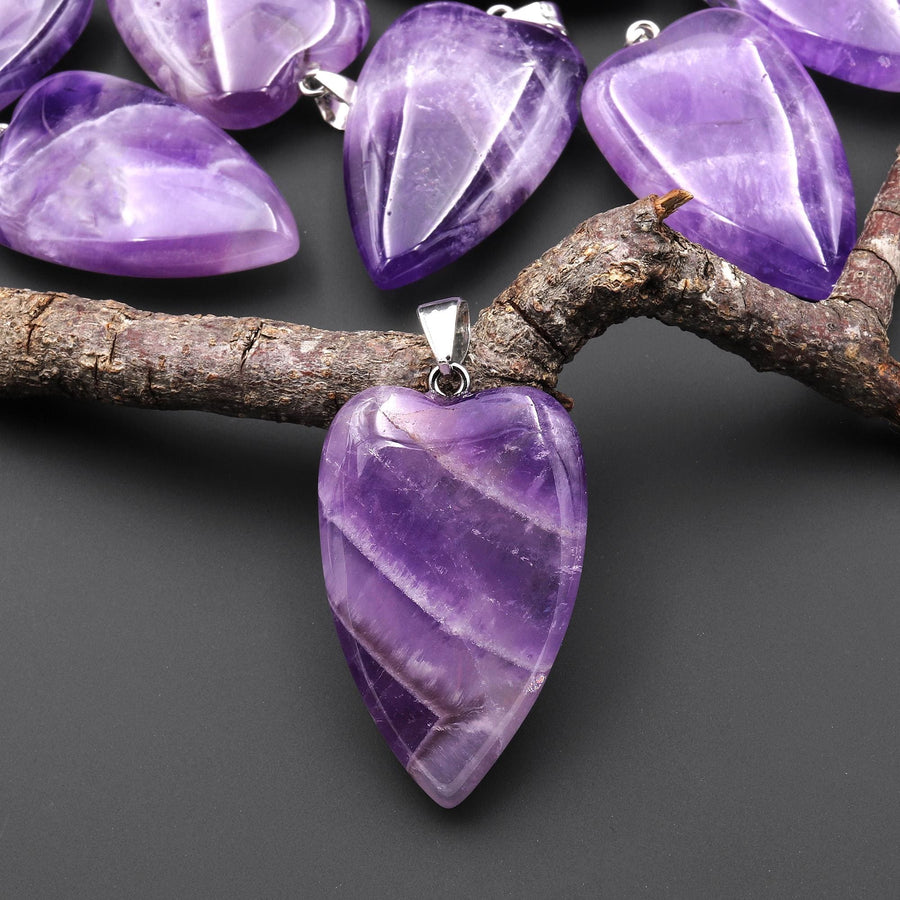 Natural Purple Amethyst Gemstone Puffy Long Heart Pendant Natural Crystal Focal Bead