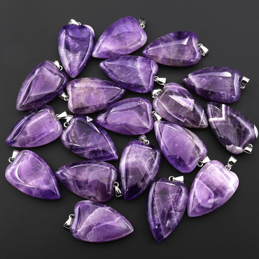 Natural Purple Amethyst Gemstone Puffy Long Heart Pendant Natural Crystal Focal Bead