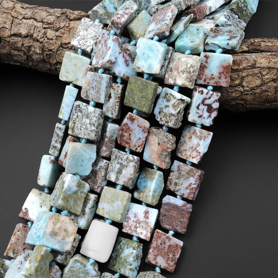 Read Natural Blue Larimar w/ Red Iron Matrix Beads Hand Cut Square 15.5" Strand