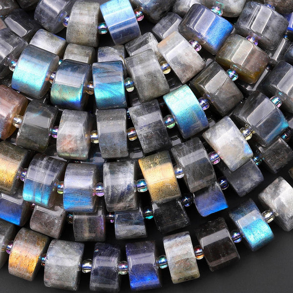 Natural Labradorite Smooth Thick Rondelle Beads Flashy 12mm Wheel Cylinder 15.5" Strand