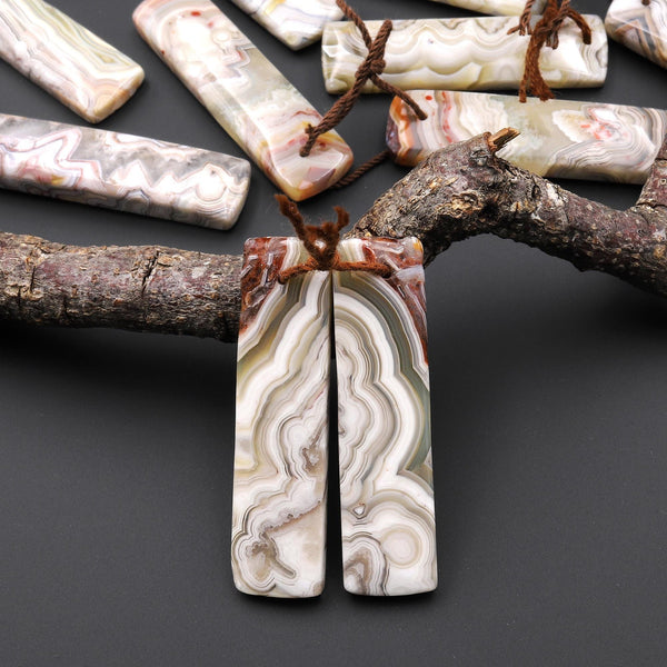 Natural Mexican Laguna Lace Agate Long Rectangle Earrings Matched Gemstone Cabochon Beads Pair A2