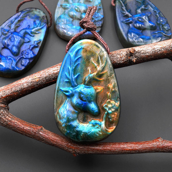 AAA Hand Carved Natural Blue Labradorite Artemis Deer Pendant Gemstone Focal Bead A12