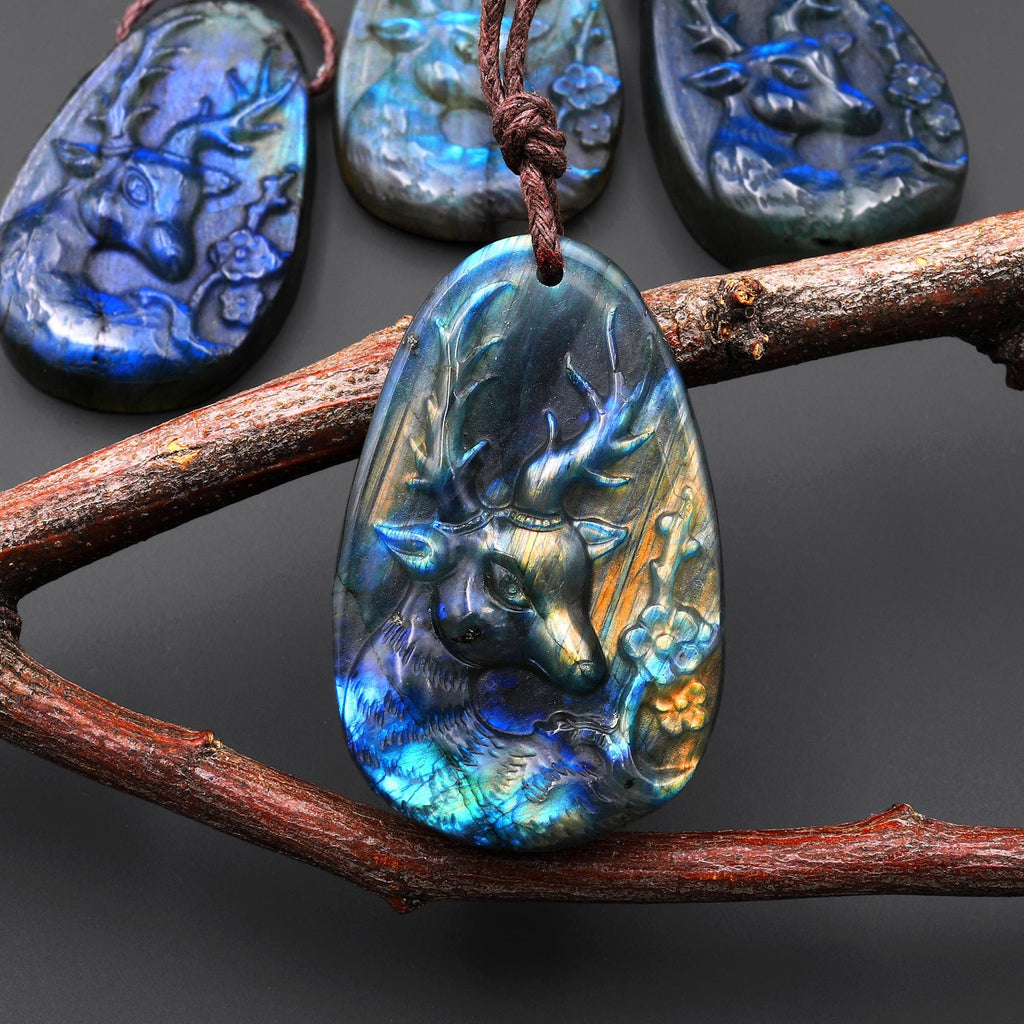 AAA Hand Carved Natural Blue Labradorite Artemis Deer Pendant Gemstone Focal Bead A16