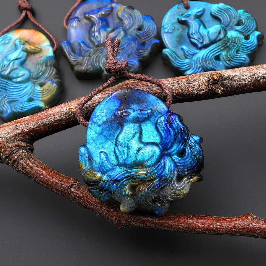 AAA Hand Carved Natural Nine-Tailed Fox Blue Labradorite Pendant Gemstone Focal Bead A14