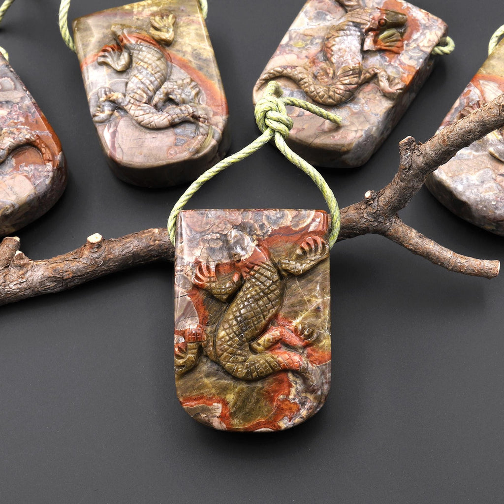 Large Hope Pendant Have Carved Natural Mushroom Jasper Rhyolite Lizard Pendant A1