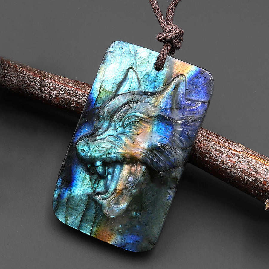 Hand Carved Natural Labradorite Growling Wolf Gemstone Pendant Bead A7