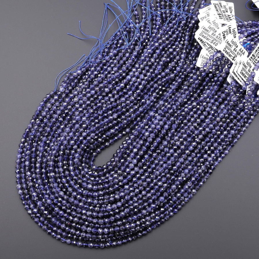 AAA Translucent Natural Blue Iolite Faceted 4mm Round Beads 15.5" Strand