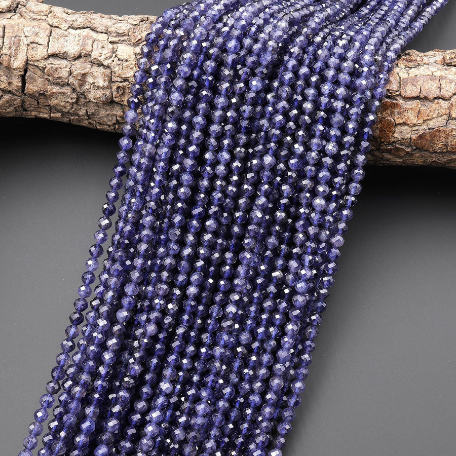 AAA Translucent Natural Blue Iolite Faceted 4mm Round Beads 15.5" Strand