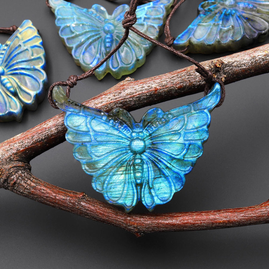 AAA 2 Two Hole Side Drilled Pendant Hand Carved Natural Labradorite Butterfly Drilled Gemstone Focal Bead A3