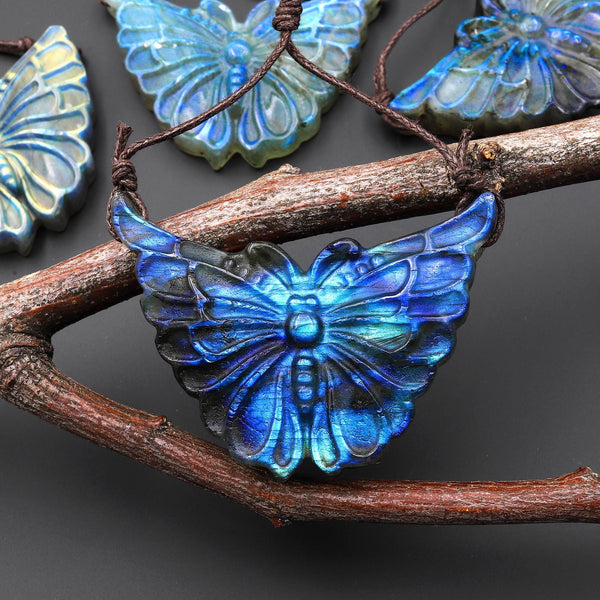 AAA 2 Two Hole Side Drilled Pendant Hand Carved Natural Labradorite Butterfly Drilled Gemstone Focal Bead A5