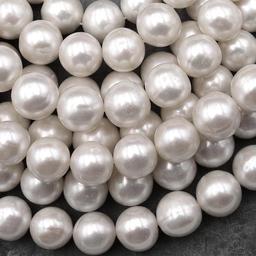 AAA Large Genuine Natural White Freshwater Pearl 12mm 13mm Round Pearl Shimmery Iridescent Classic White Pearl 15.5" Strand