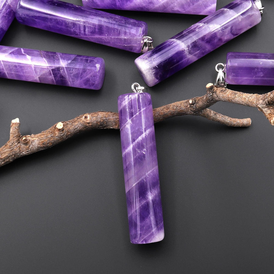 Natural Violet Purple Amethyst Long Cylinder Pendant Natural Crystal Focal Bead