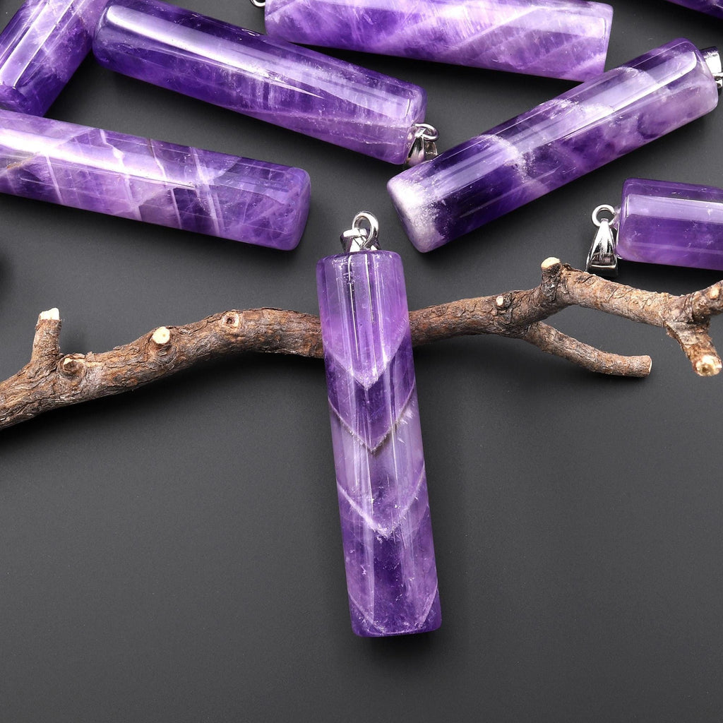 Natural Violet Purple Amethyst Long Cylinder Pendant Natural Crystal Focal Bead