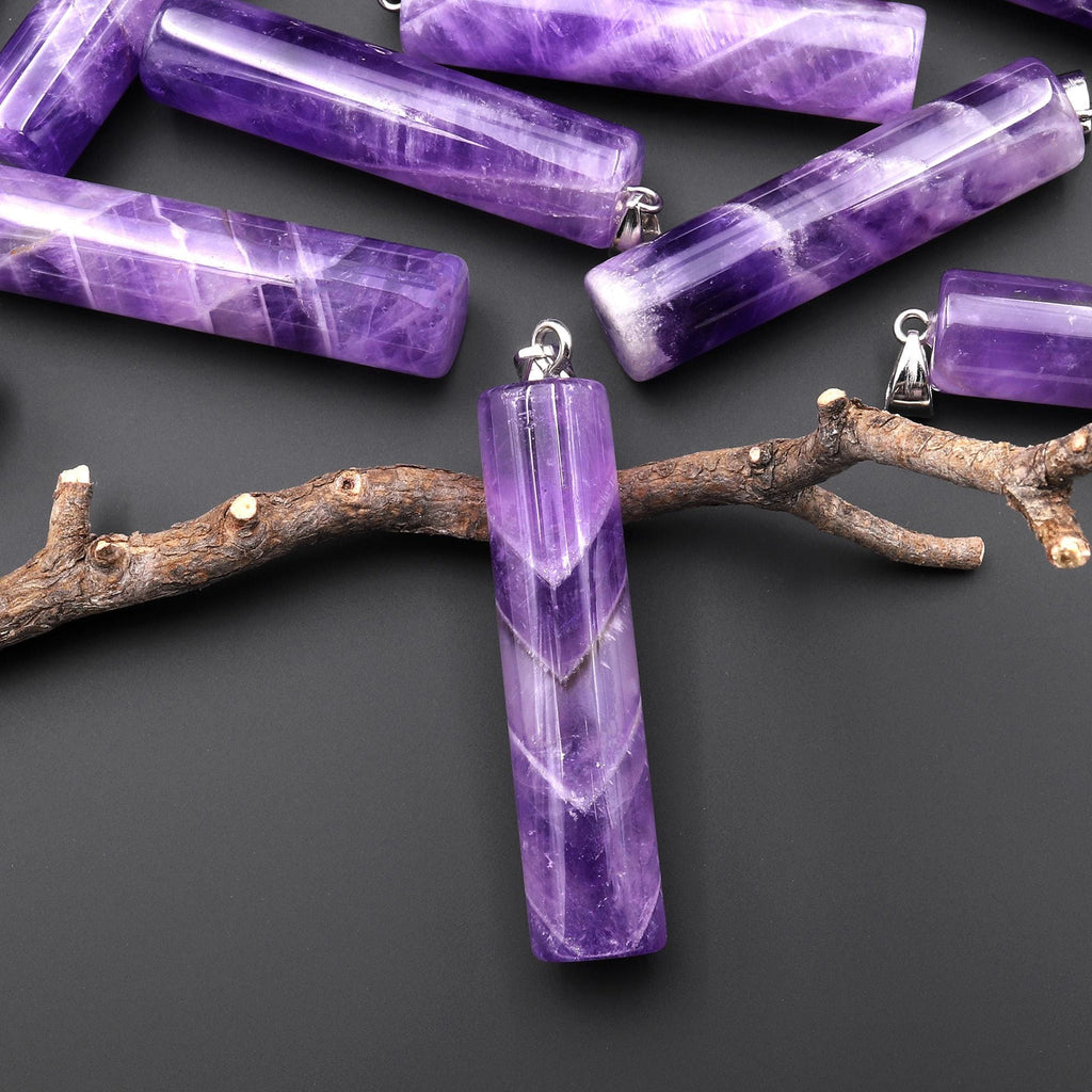 Natural Violet Purple Amethyst Long Cylinder Pendant Natural Crystal Focal Bead A1