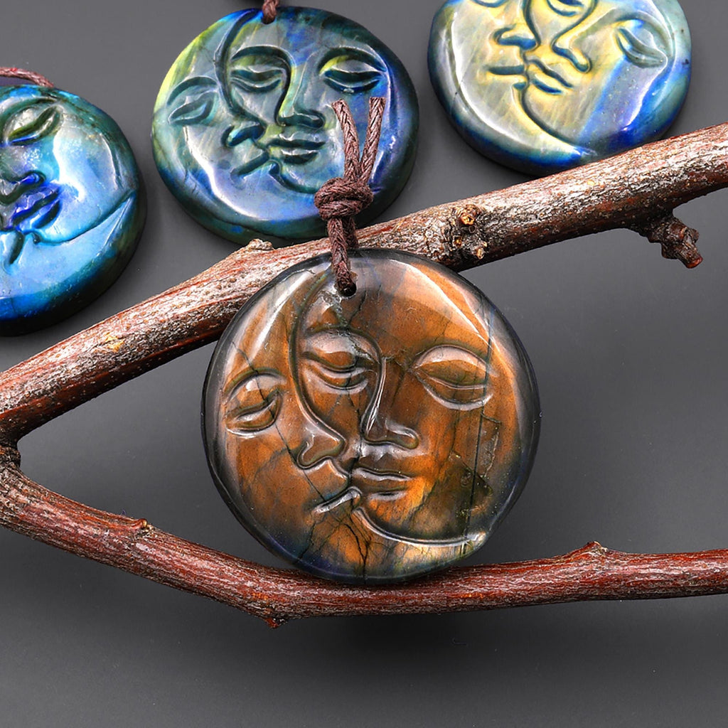 AAA Fiery Hand Carved Natural Labradorite Sun and Moon Face Pendant Gemstone Focal Bead A2