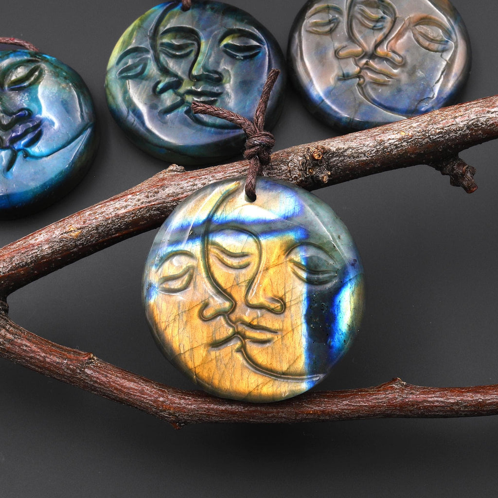 AAA Fiery Hand Carved Natural Labradorite Sun and Moon Face Pendant Gemstone Focal Bead A3