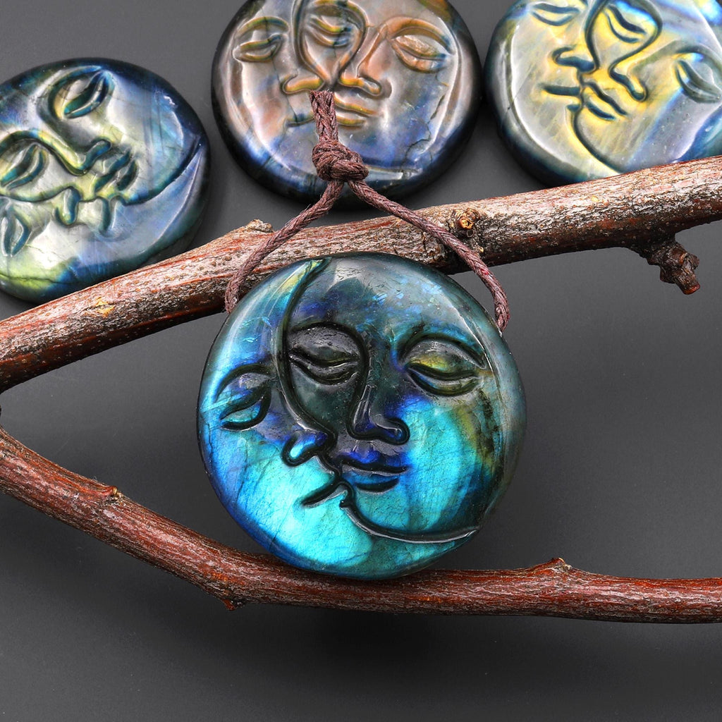 AAA Fiery Hand Carved Natural Labradorite Sun and Moon Face Pendant Gemstone Focal Bead A4