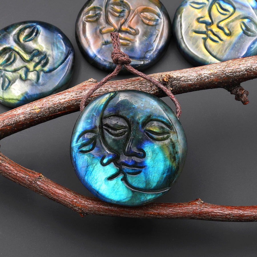 AAA Fiery Hand Carved Natural Labradorite Sun and Moon Face Pendant Gemstone Focal Bead A4