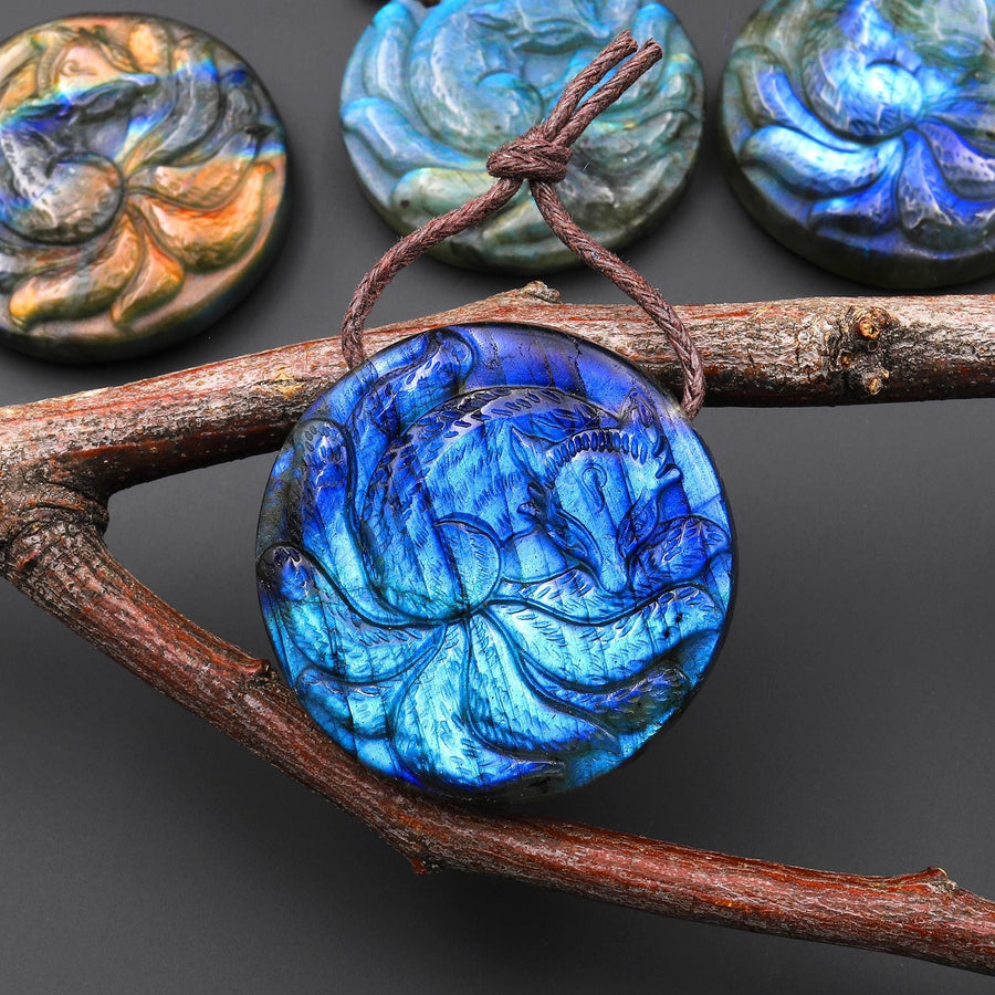 AAA Hand Carved Mystical Nine-Tailed Fox Natural Golden Blue Labradorite Pendant Gemstone Focal Bead