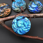 AAA Hand Carved Mystical Nine-Tailed Fox Natural Golden Blue Labradorite Pendant Gemstone Focal Bead