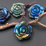 AAA Hand Carved Natural Labradorite Rose Flower Pendant 30mm Gemstone Focal Bead