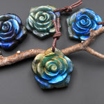 AAA Hand Carved Natural Labradorite Rose Flower Pendant 30mm Gemstone Focal Bead