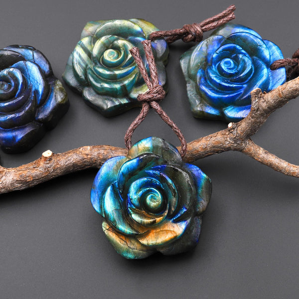 AAA Hand Carved Natural Labradorite Rose Flower Pendant 30mm Gemstone Focal Bead A1