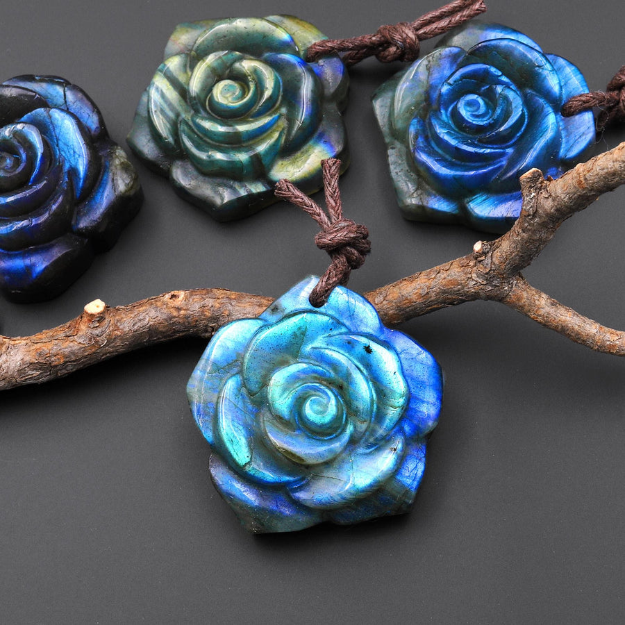 AAA Hand Carved Natural Labradorite Rose Flower Pendant 30mm Gemstone Focal Bead A8