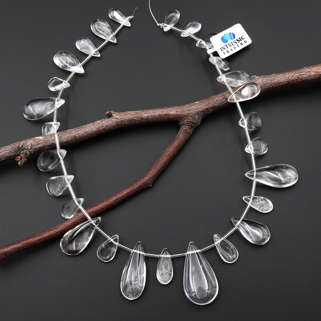 AAA Super Clear Natural Rock Crystal Quartz Long Smooth Teardrop Focal Beads Pendant Top Side Drilled 15.5" Strand A1