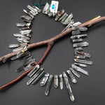 Natural Green Reddish Brown Lodalite Phantom Quartz Crystal Beads Top Side Drilled Gemstone Point 15.5" Strand