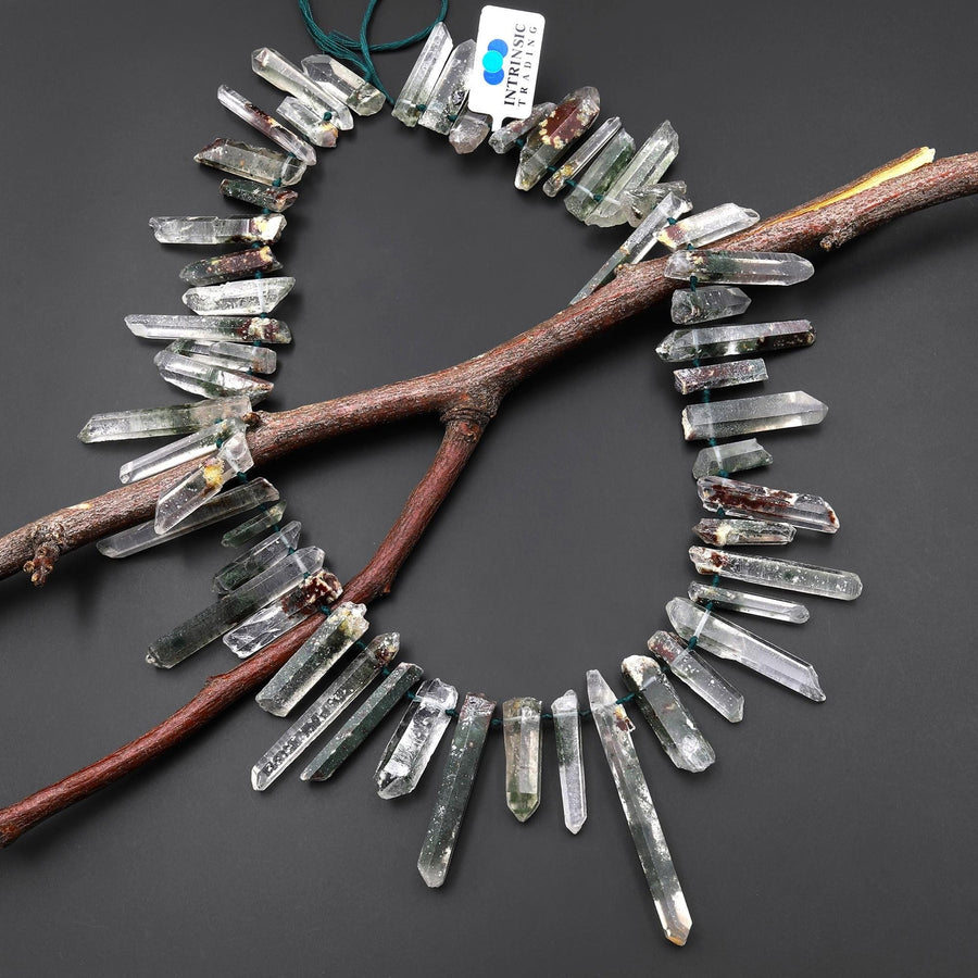 Natural Green Reddish Brown Lodalite Phantom Quartz Crystal Beads Top Side Drilled Gemstone Point 15.5" Strand