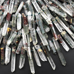 Natural Green Reddish Brown Lodalite Phantom Quartz Crystal Beads Top Side Drilled Gemstone Point 15.5" Strand