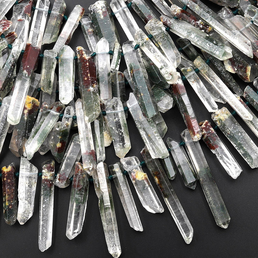 Natural Green Reddish Brown Lodalite Phantom Quartz Crystal Beads Top Side Drilled Gemstone Point 15.5" Strand