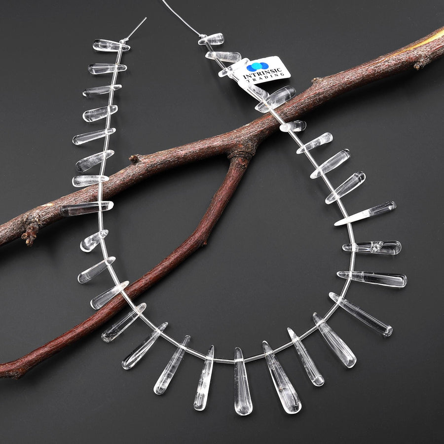 AAA Super Clear Natural Rock Crystal Quartz Long Thin Briolette Teardrop Focal Beads Pendant Top Side Drilled 15.5" Strand A1