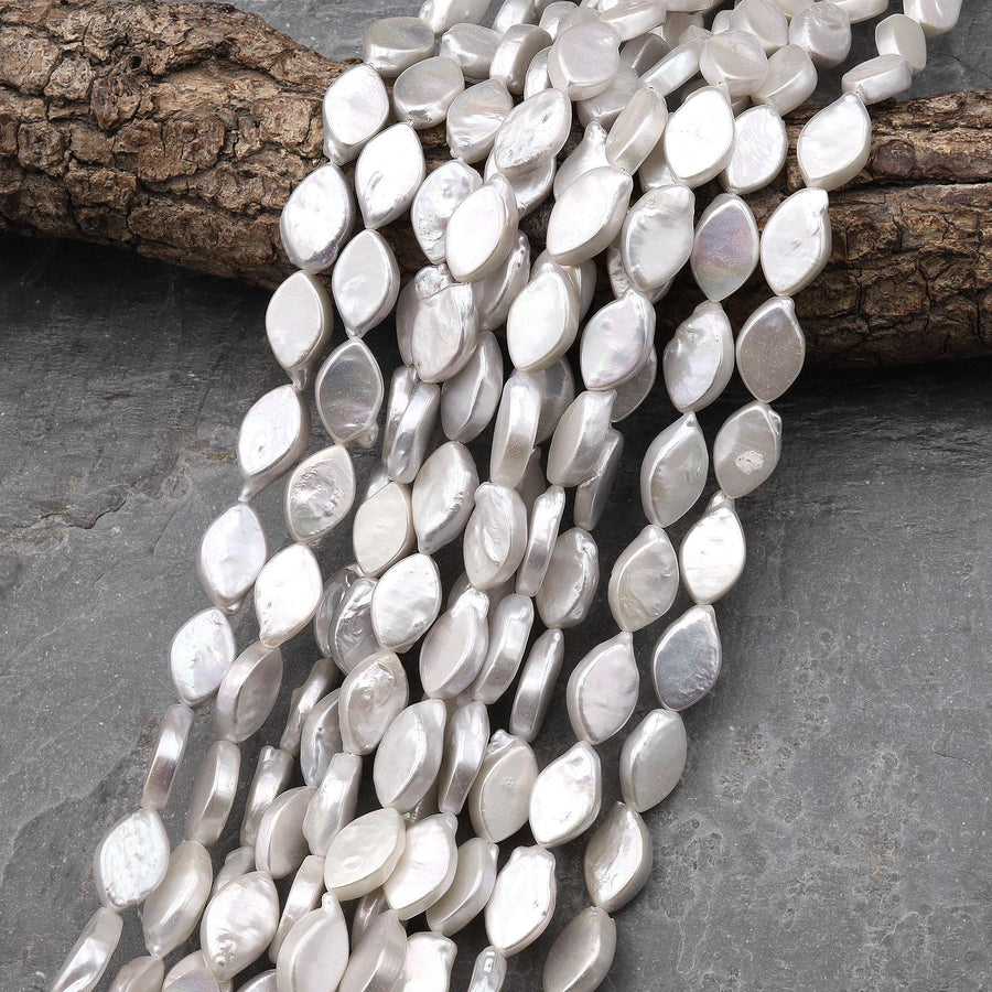 Real Genuine Natural White Freshwater Flat Marquise Leaf Pearl 16" Strand